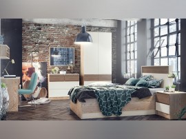Спален комплект Невада 3 - 120/200 см, Дъб/Визон бежов мат, Повдигащ механизъм, Огледало, Плавно затваряне