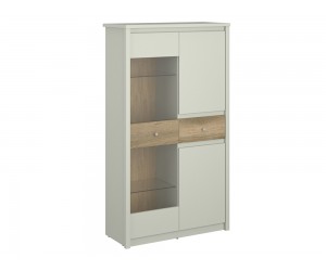 Висок шкаф витрина за хол Karin WIT 2D1W1S - Кашмир/Дъб Евок, 86/37/153 см, Три стъклени рафта, Чекмедже