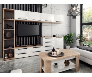 ТВ секция за хол Kiara 4 - 280/40/200 см,  МДФ Бял гланц/Дъб харбър златен