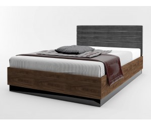 Спалня с тапицирана табла Modern M05 - 140/200 см, Дъб кастело бренди/ МДФ Черен гланц