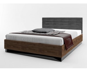 Спалня с тапицирана табла Modern M06 - 160/200 см, Дъб кастело бренди/ МДФ Черен гланц