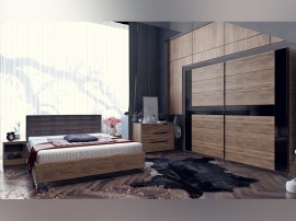 Спален комплект с матрак Modern 3 - 160/200 см, Дъб кастело бренди/ МДФ Черен гланц