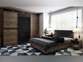 Спален комплект с матрак Modern - 160/200 см, Дъб кастело бренди/ МДФ Черен гланц