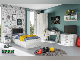 Цялостно детско обзавеждане Сити 5032 - Дъб крафт бял/Сив, 90/200 см, Тапицирана табла, Гардероб, Бюро, Скрин