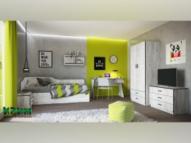Цялостно детско обзавеждане Сити 5033 - Дъб крафт бял, 90/200 см, Гардероб, Бюро, Скрин, Плавно затваряне
