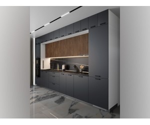Права кухня Сити 9137 - 420 см, с цял термоплот, плавно затваряне, МДФ, Карбон мат/Дъб натурал/Бяло гладко