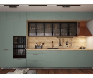 Права кухня Сити 9136 - 420 см, с цял термоплот, витрини, плавно затваряне, МДФ, Олив мат/Мока