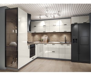 Готова ъглова кухня Сити 9139 - 229+240 см, с цели термоплотове, лед осветление, МДФ Крийм гланц/Мока
