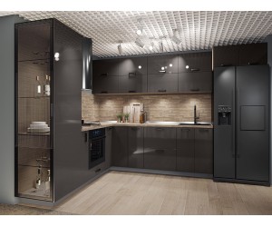 Готова ъглова кухня Сити 9142 - 229+240 см, с цели термоплотове, лед осветление, МДФ Антрацит гланц/Мока