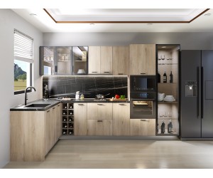 Готова ъглова кухня Сити 9143 - 182*337 см, с цели термоплотове, ЛЕД осветление, Сонома арвен/Мока