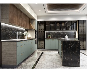 Кухня с остров Сити 9171 - 440+354 см, остров 228 см, с цели термоплотове, лед осветление, витрини, МДФ, Олив мат/Крийм гланц/Дъб натурал/Мока