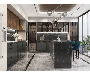 Кухня с остров Сити 9172 - 440+354 см, остров 228 см, с цели термоплотове, лед осветление, витрини, МДФ, Цимент мат/Крийм гланц/Дъб натурал/Мока