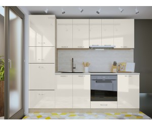 Права кухня Сити 9177 - 250 см, с цял термоплот, плавно затваряне, МДФ Крийм гланц/Мока
