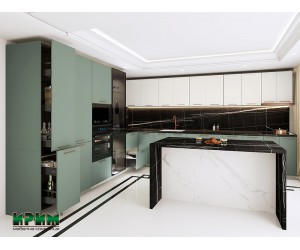 Ъглова кухня с остров Сити 9192 - 339*400 см, Остров 168 см, С термоплот, Плавно затваряне, Витрини, ЛЕД осветление, МДФ Олив мат/Крийм гланц/Мока