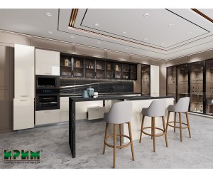 Кухня с остров Сити 9193 - 537+228 см, Остров 256 см, С термоплот, Плавно затваряне, Витрини, ЛЕД осветление, МДФ Крийм гланц/Мока