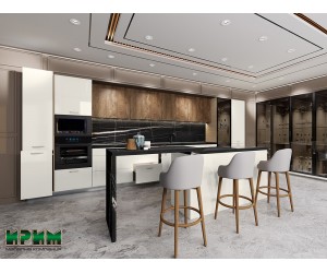 Кухня с остров Сити 9194 - 537+228 см, Остров 256 см, С термоплот, Плавно затваряне, Витрини, ЛЕД осветление, МДФ Крийм гланц/Дъб натурал/Мока