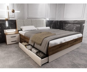 Спалня с нощни шкафчета Stefano - 160/200 см, Кафяв дъб Пиемона/Сатен