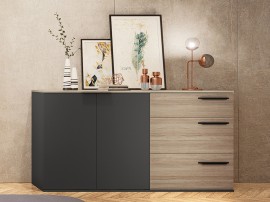 Скрин с 3 чекмеджета Chrome - MDF Графит/Сонома, 160/40/85 см, Две врати, Плавно затваряне