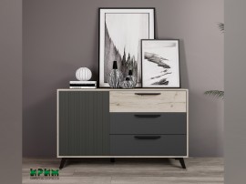 Скрин с 3 чекмеджета Arman - MDF карбон мат/Дъб пиемона/Графит, 130/43/80 см, Врата с пуш бутон, Плавно затваряне