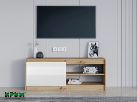 ТВ шкаф Сити 6272 - MDF бял гланц/Дъб артисан, 138/38/55 см, Падаща вратичка